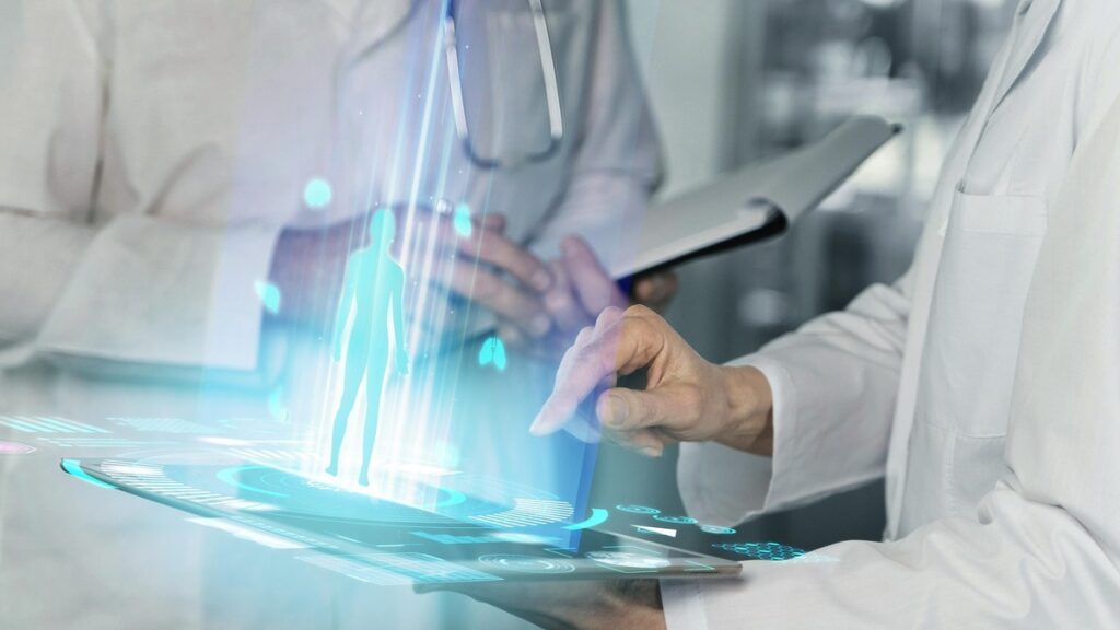 Representação de tecnologia na saúde com elementos como IA, telemedicina e dispositivos conectados, mostrando inovação no setor.